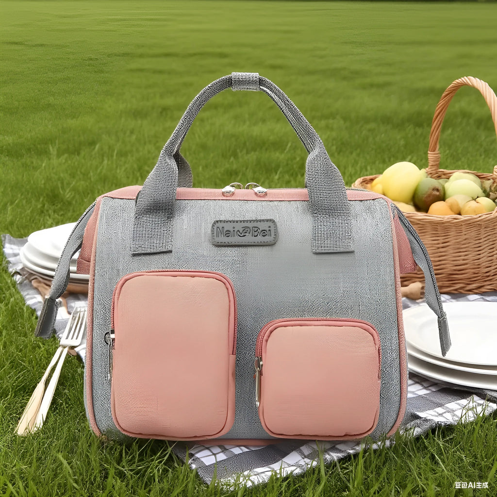 Waterproof Oxford cloth women's handbag in grey colour showing three-dimensional exterior pocket