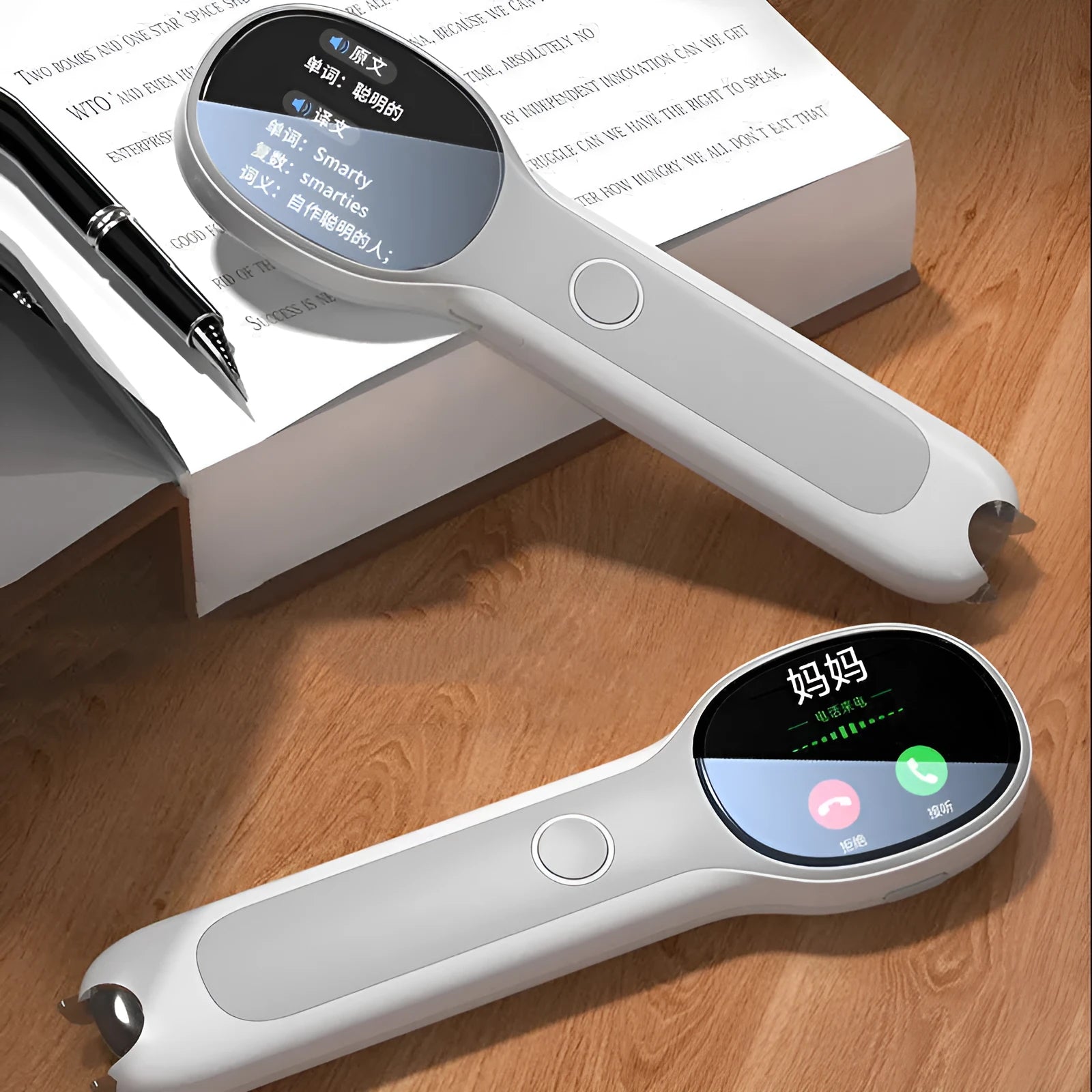 White universal reading pen with translation functions and USB charging cable