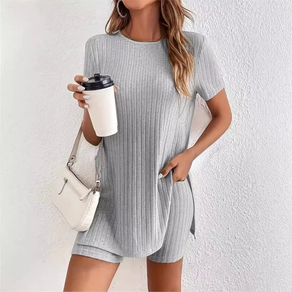 Women's ribbed cotton short sleeve top and shorts set in black, grey or khaki
