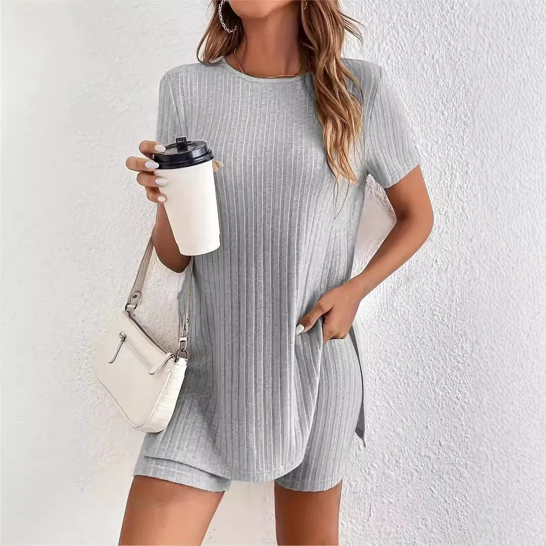 Women's ribbed cotton short sleeve top and shorts set in black, grey or khaki