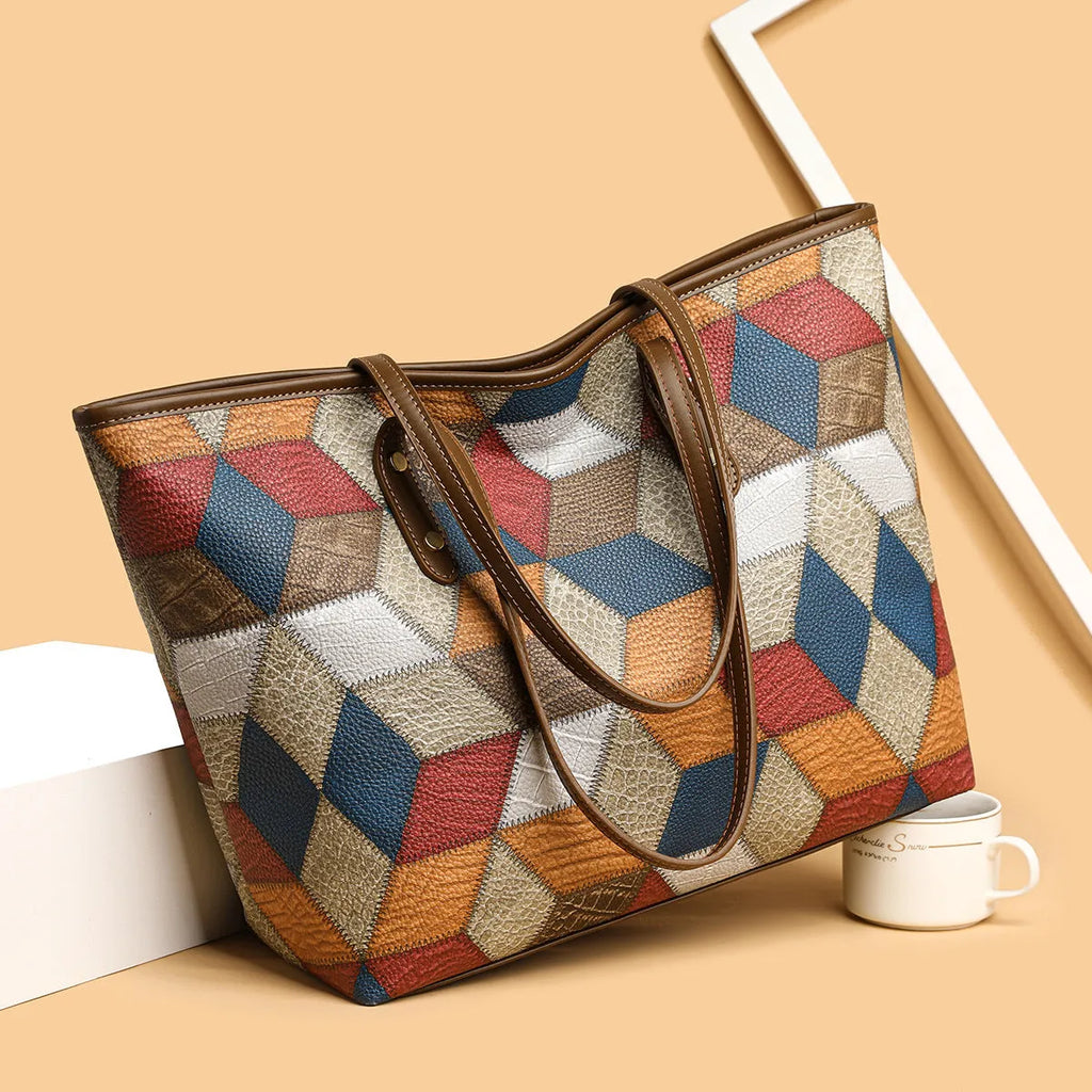 Women's PVC large capacity handbag in blue brown colour with sandwich pocket design