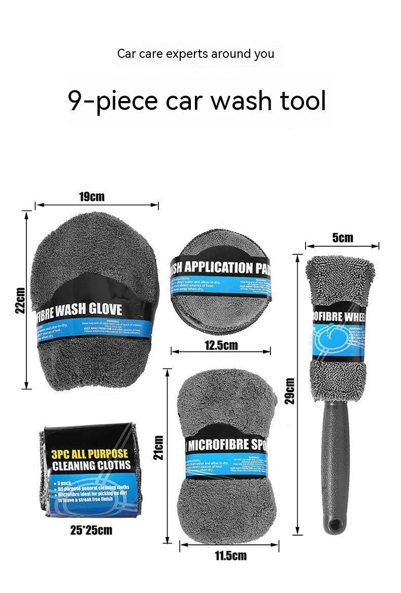 All-grey nine-piece car wash set showing microfiber towels, sponge, gloves, tyre brush, and waxing wipes.