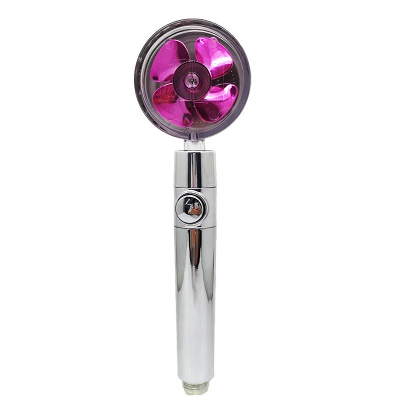 Blue handheld shower head with stop button and turbo nozzle on a chrome bracket.