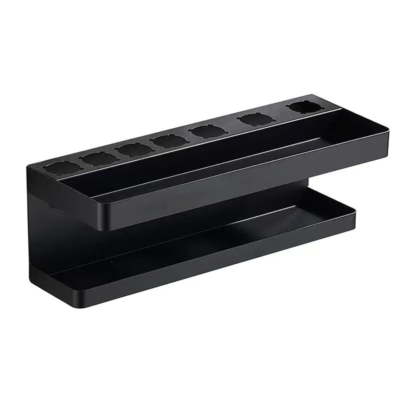White punch-free double-layer aluminium bathroom storage rack for hair curlers on a countertop.