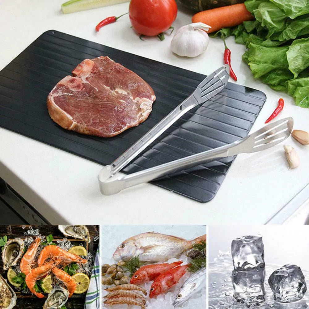 Black rectangular aluminium fast defrost tray for thawing frozen meat and fish