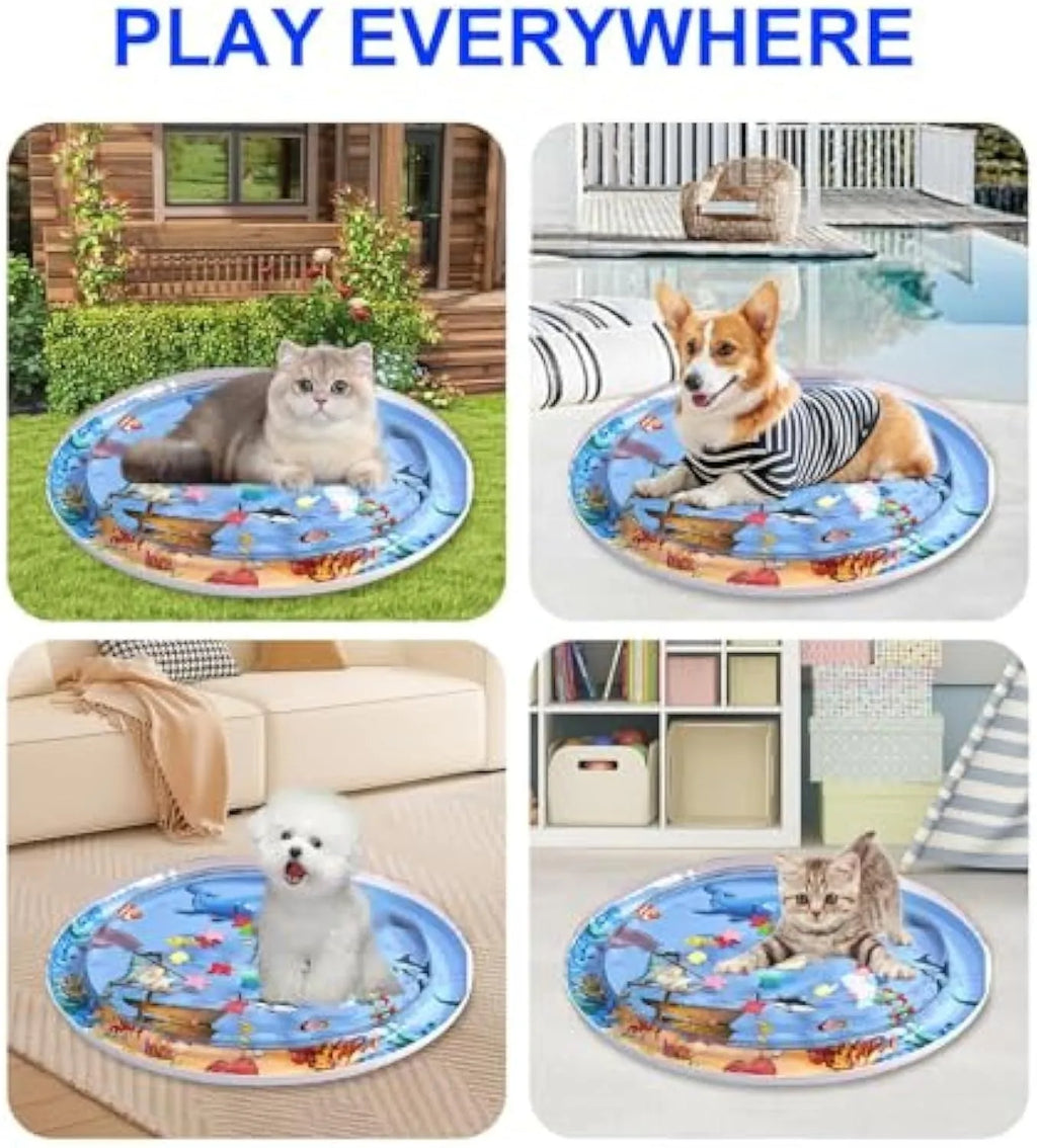 Blue 90cm diameter cat water playmat on floor with floating fish toys inside, shown with an inflator.