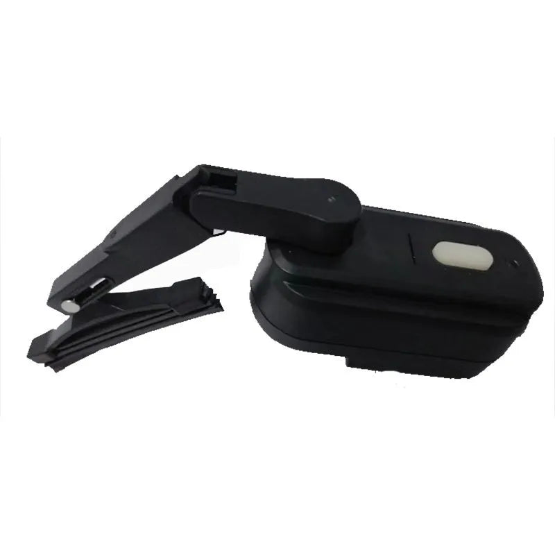 Black 800mA motorcycle helmet wiper motor unit with attached 65mm silicone blade on a helmet.