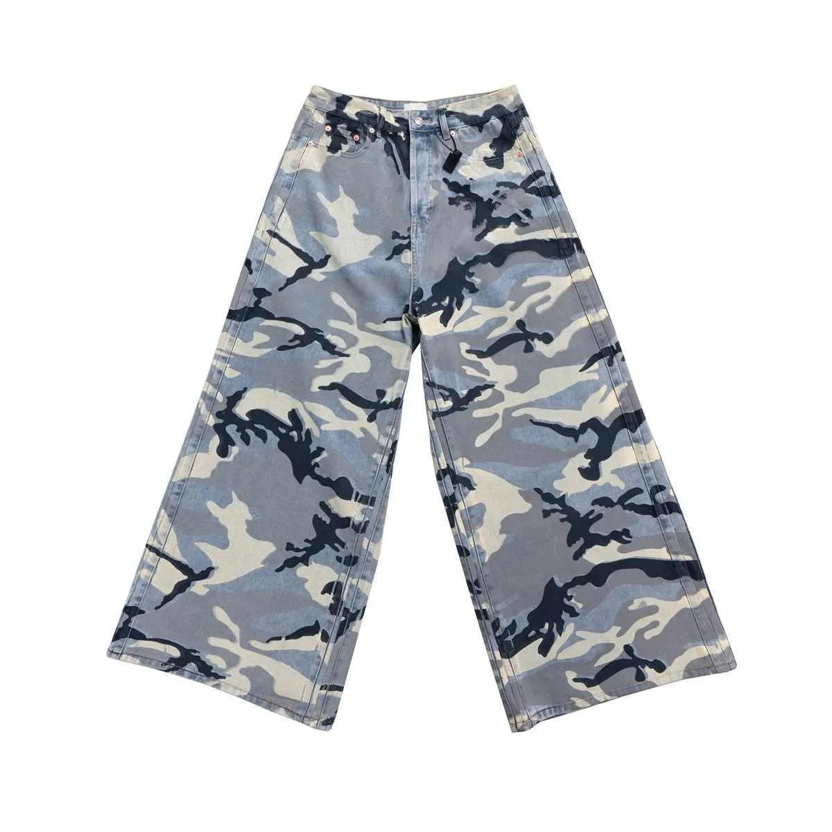 Snow camouflage blue loose fit denim jeans on a mid waist, showing the micro-elastic fabric texture.