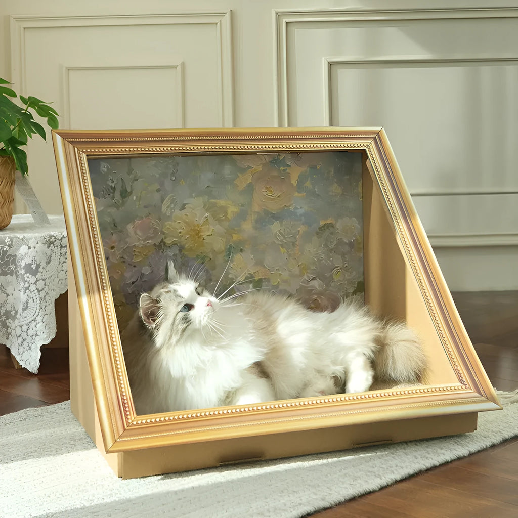 Corrugated paper cat scratch board nest with oil painting style European decoration in Valley colour option