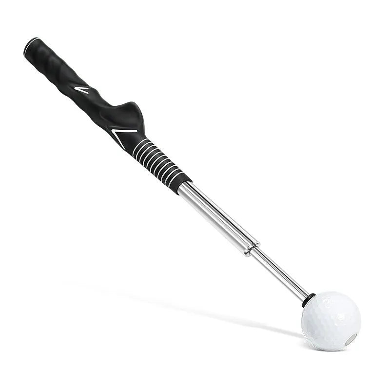 Telescopic stainless steel golf swing trainer in black, blue, and red colour options.