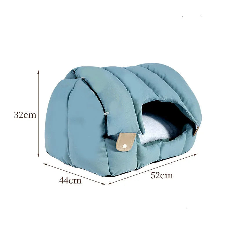 Grey and green dual-purpose arched pet nest shown as an enclosed bed and open sofa for cats and dogs