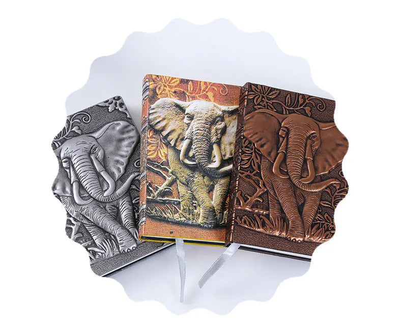 Hardcover PU leather notebook with embossed retro cover and brushed bronze details, open at 180 degrees showing beige pages