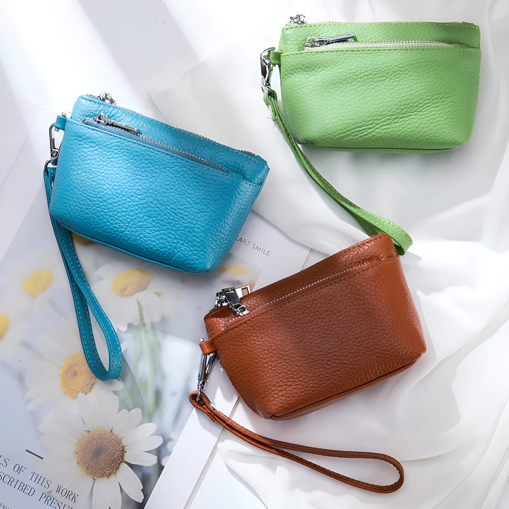 Women's small genuine leather wallet in solid colour with sewing thread detail, retro European American style