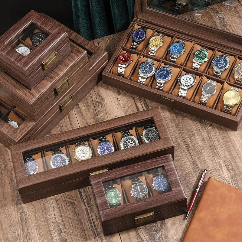 Wood grain leather 2-watch box with soft pillow and glass lid MDF shell