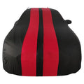 Elastic silk polyester fibre car cover fitted on Ford Mustang vehicle showing stretch-fit design