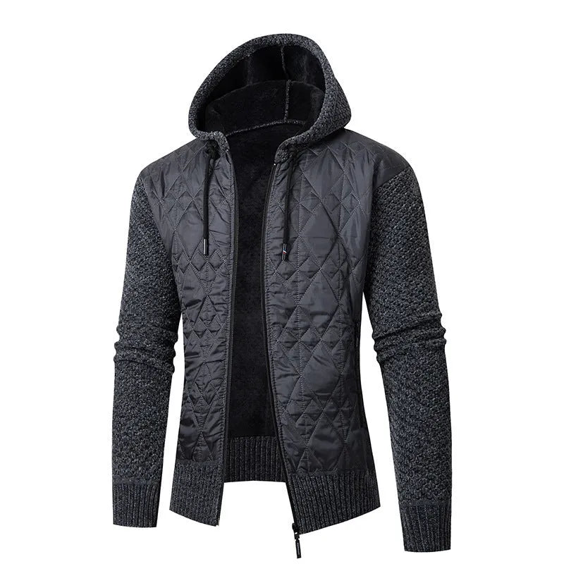 Men's grey hooded corduroy sweater coat with a cinched waist on a hanger.
