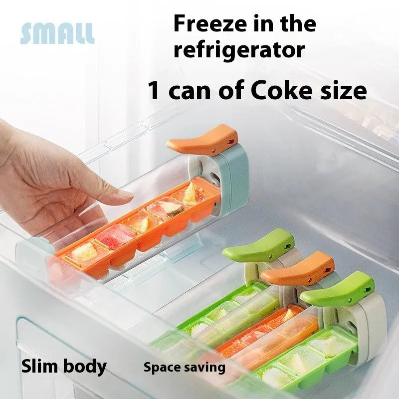 Ice cube mold with storage box showing one-touch release mechanism and food-grade PET construction