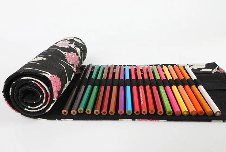 Square canvas rolling pencil case with Ballet Girl print, showing multiple holes for colour pencils.