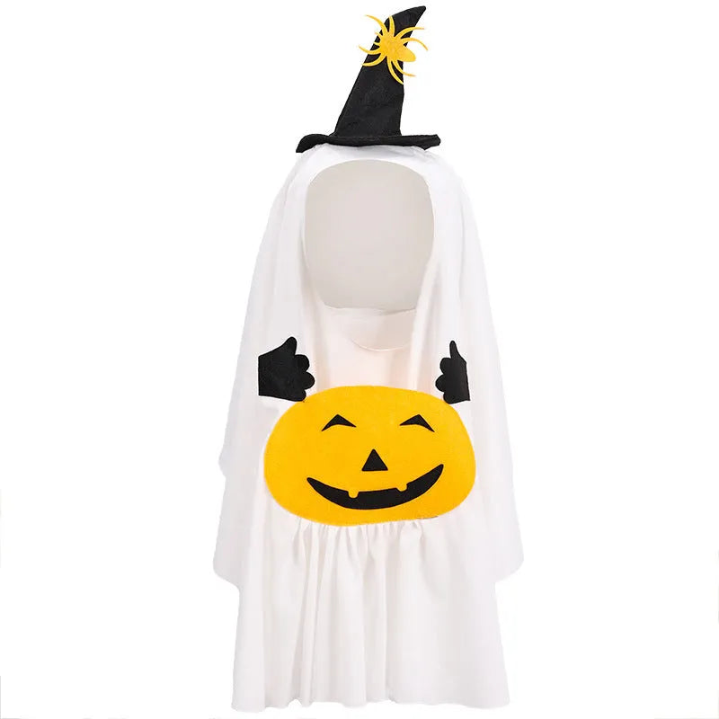 White pumpkin ghost dog costume in viscose material shown on pet model