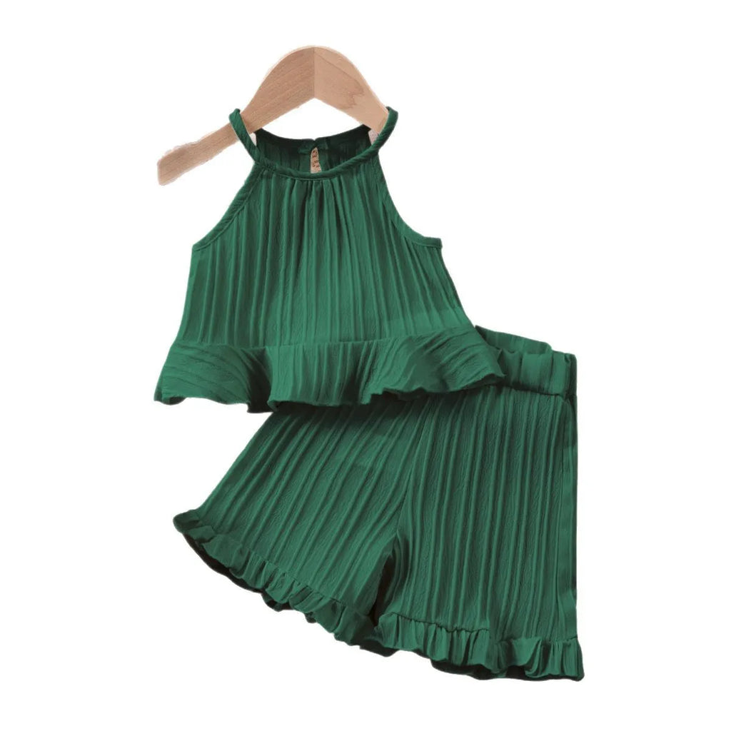 Girls cold-shoulder sleeveless vest and shorts two-piece set in polyester, shown in creamy-white, rose red and dark green