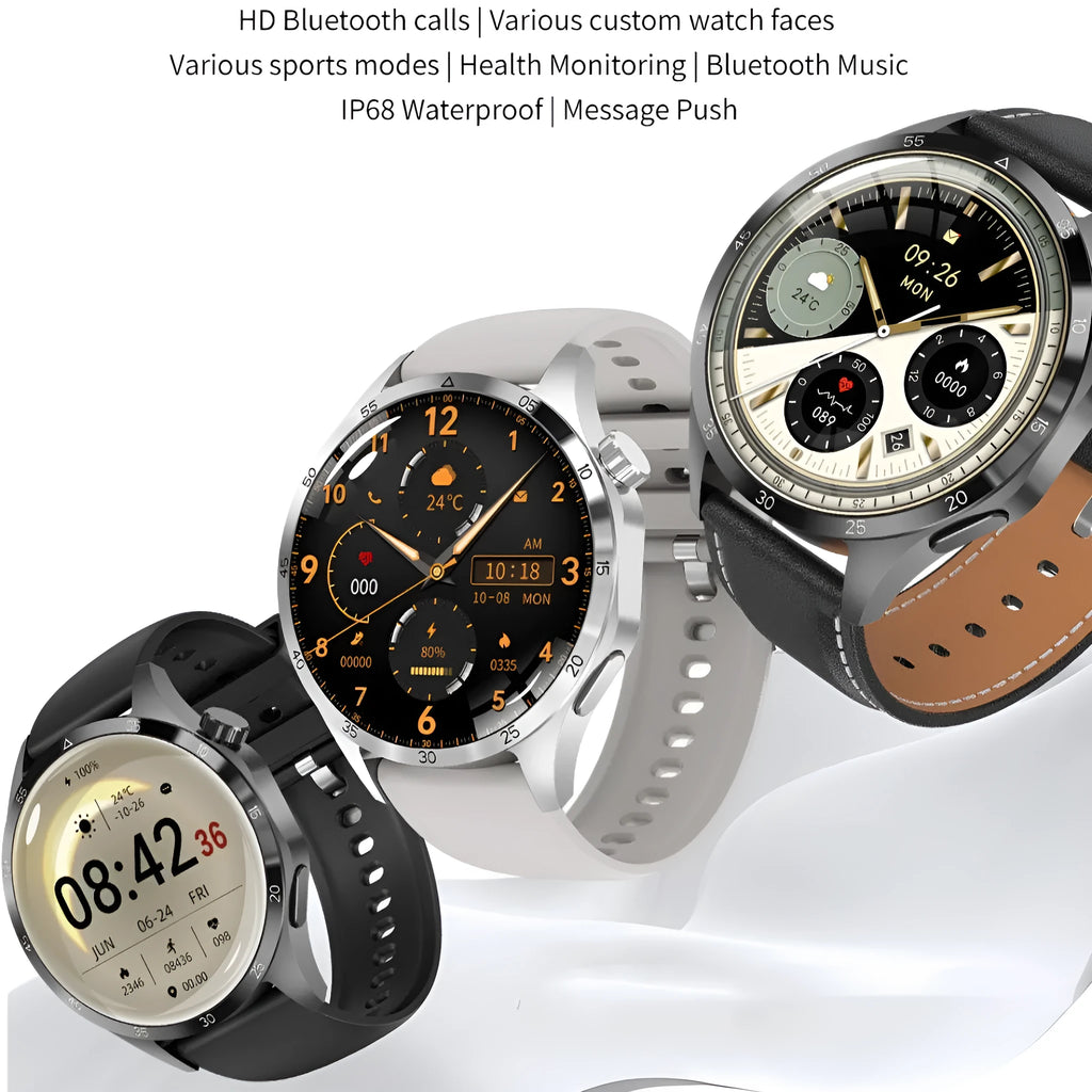 Black smartwatch with Bluetooth calling on a silicone strap, showing a TFT touch screen displaying health metrics.