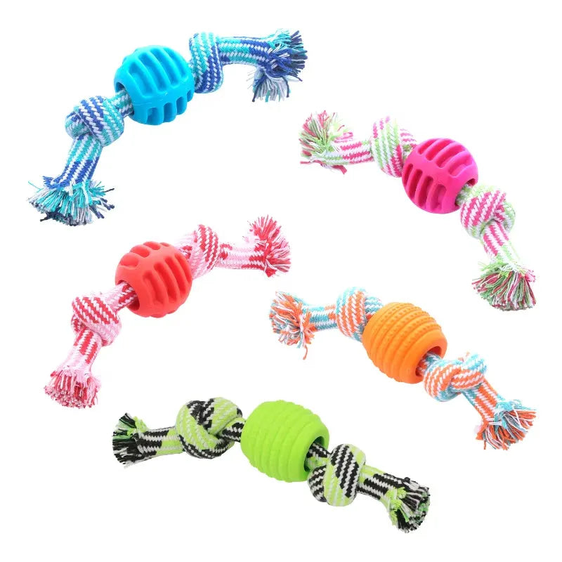 Cotton rope double knot ball dog toy in blue green orange pink red for chewing and tooth cleaning