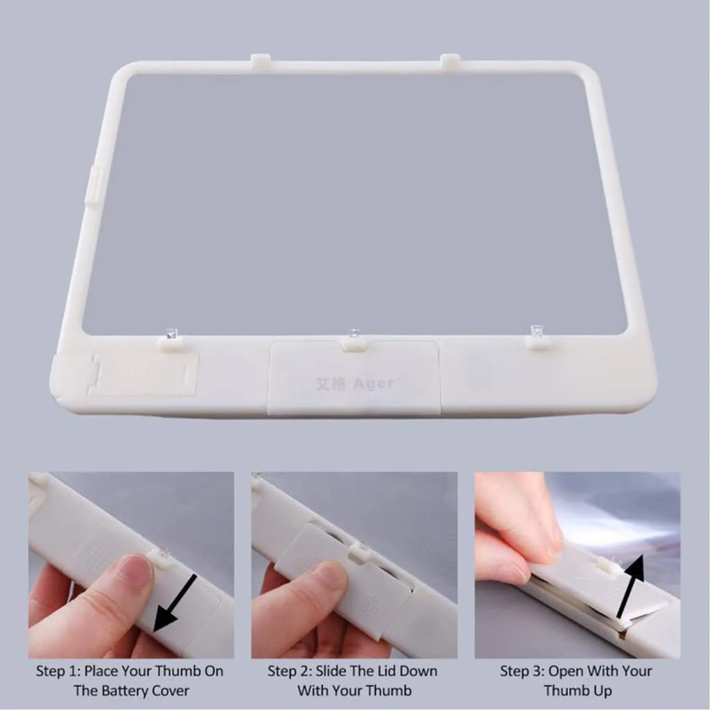 Black desktop magnifying glass with LED light showing large rectangular lens and PVC handle