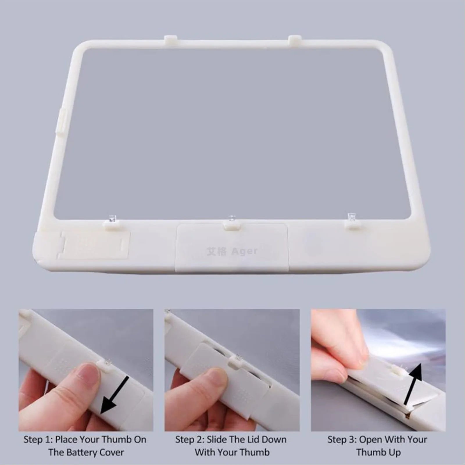 Black desktop magnifying glass with LED light showing large rectangular lens and PVC handle
