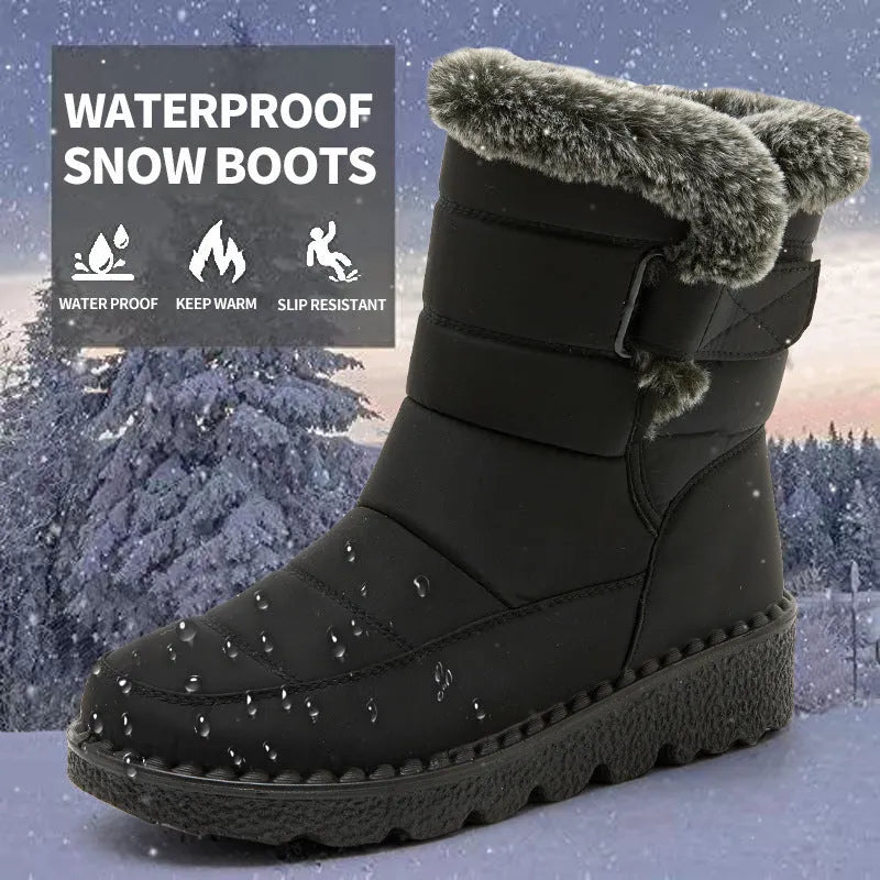 Winter snow boots waterproof Velcro platform boots with imitation rabbit fur lining, grey, side view