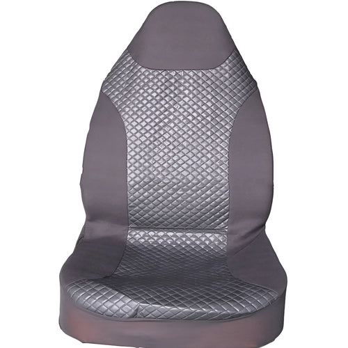 Black quilted automotive seat cover made from PU and polyester fabric, shown with plastic fitting hooks.