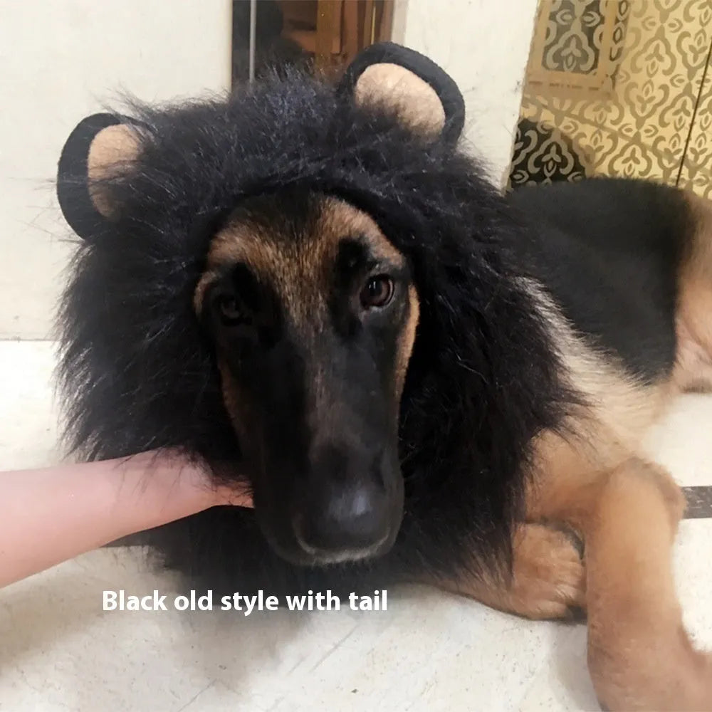 Pet dog wearing lion head cover costume with realistic fur in choice of black, light brown or red brown colours