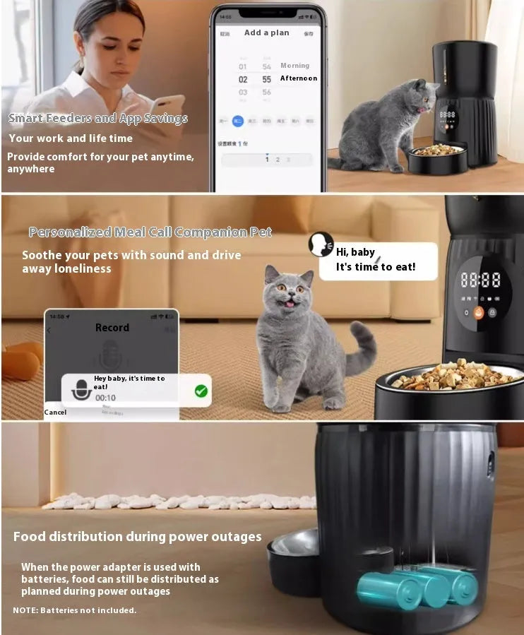 Black and white automatic pet feeder with digital display, food hopper, and USB cable.