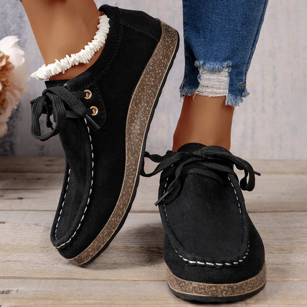 Solid colour black front lace-up round toe PU leisure shoes for women, flat thin sole
