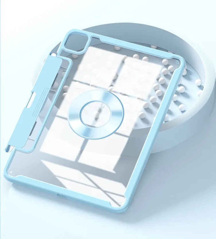 Magnetic iPad protective case in blue with a detachable drawer pen slot for Apple Pencil storage.