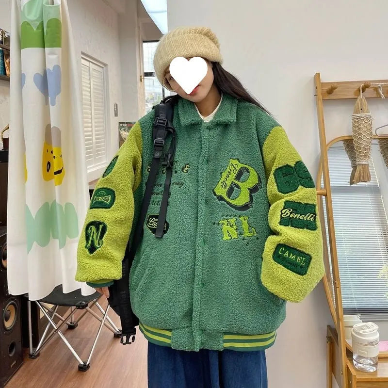 Women's plus size down thickened coat with lambswool cotton lining in college style, available in pink, green, and blue