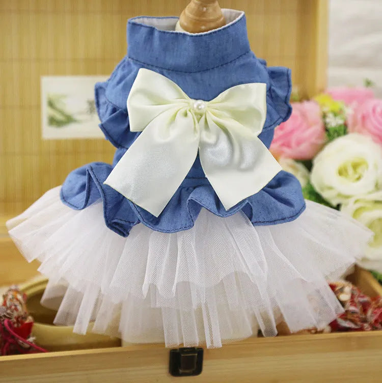 Korean pet denim skirt with creative bow design on a dog model