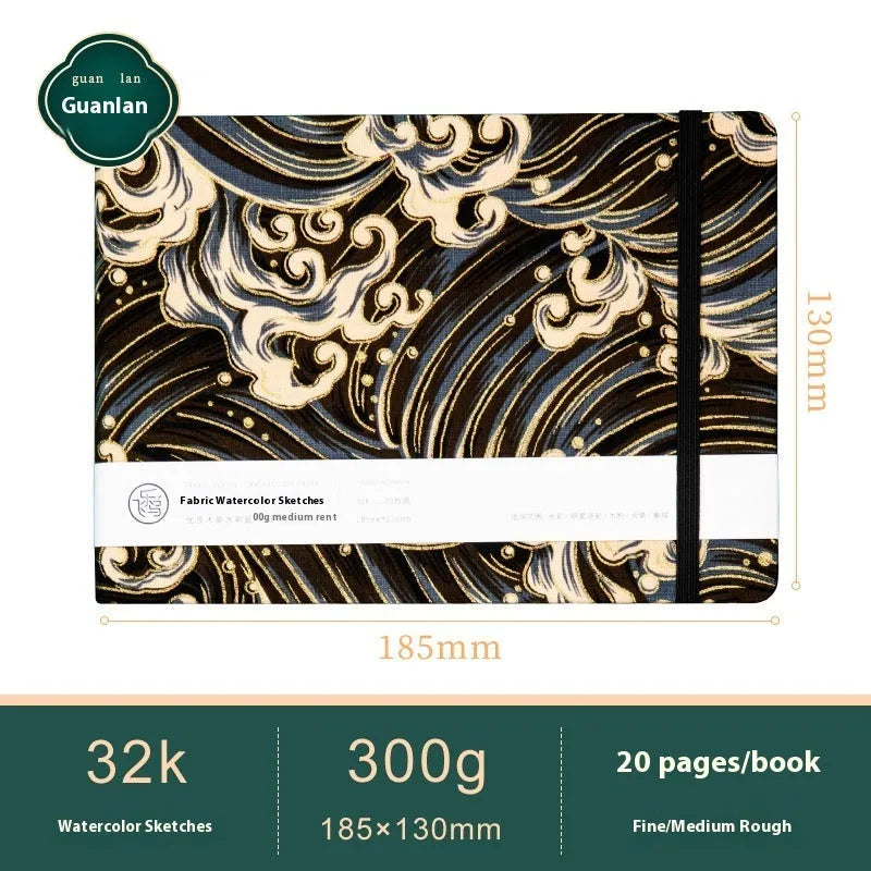 Feiluniao handmade fabric watercolour sketchbook with decorative cover, 185mm long.