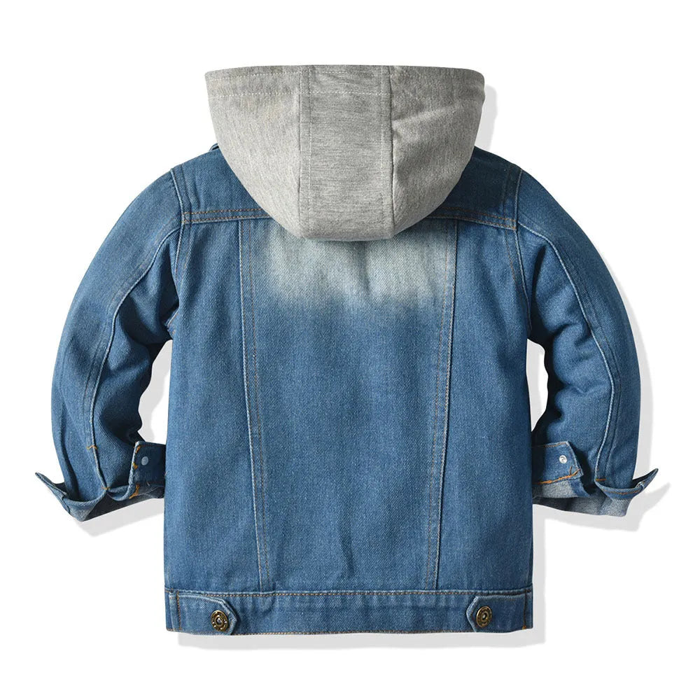 Grey children's hooded denim-style jacket with lapel collar on a hanger