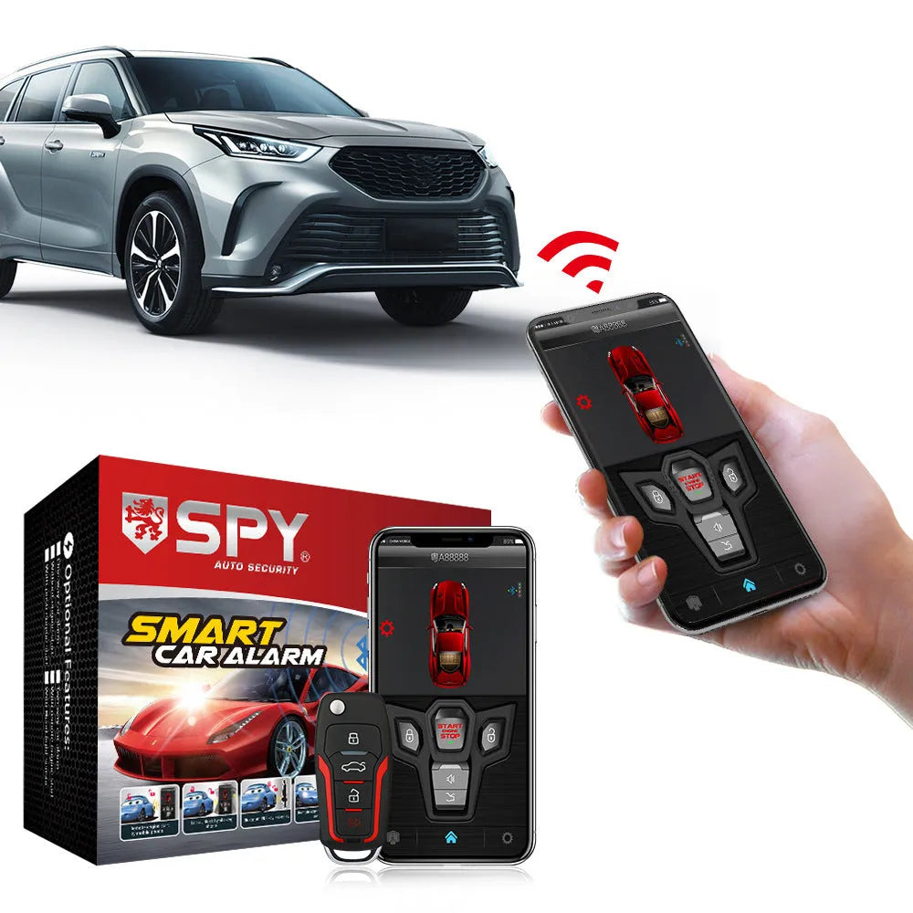 Red and frosted black one-way car alarm unit with two remote controls for 3000m vehicle security.