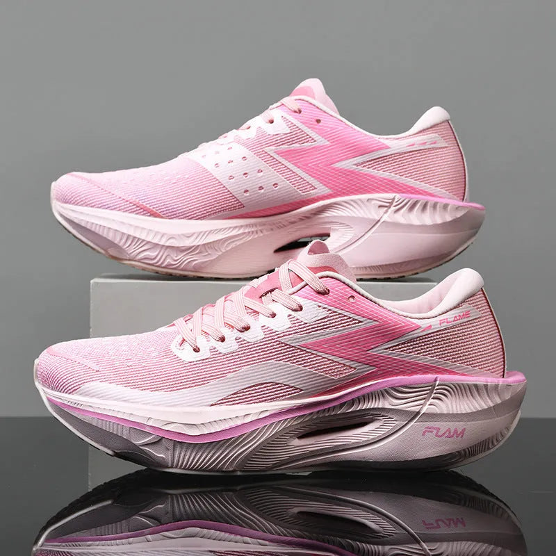 Marathon running shoes with carbon plate, mesh fabric upper, and platform heel in multiple colour options