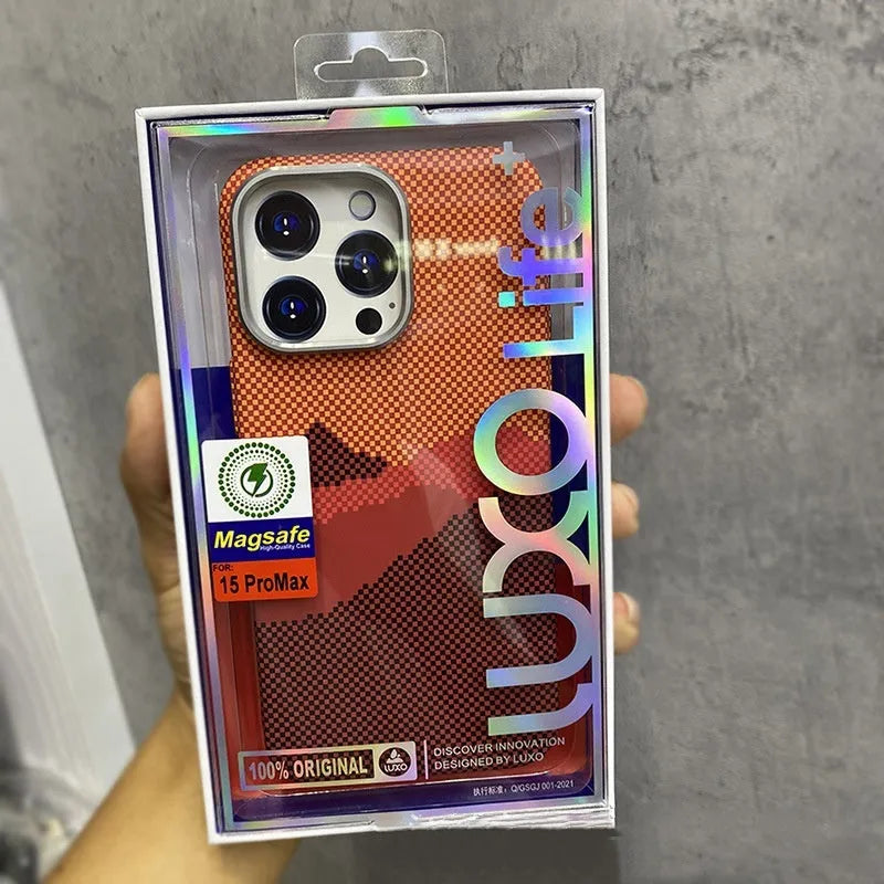 Magnetic luminous plaid iPhone case with PC metal frame, hard shell back cover, and colour matching embossed water sticker finish