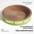 Green round cat nest with integrated scratching surface, shown in 50cm and 55cm sizes.
