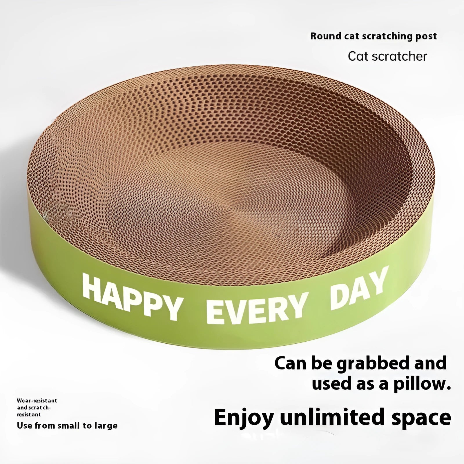 Green round cat nest with integrated scratching surface, shown in 50cm and 55cm sizes.