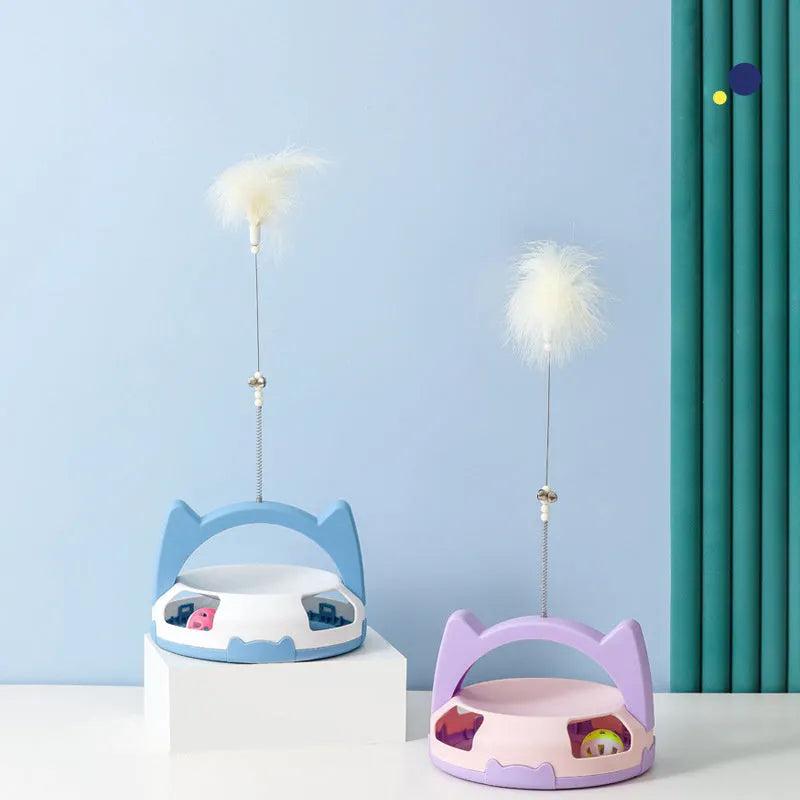 Cat toy with wand handle and spinning ball attachment in multiple colour options