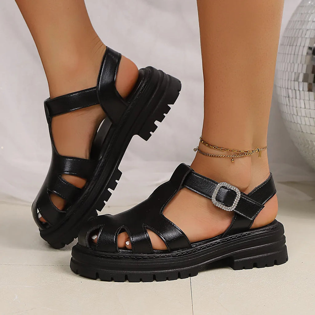Black women's backless sandals with buckle, toe cap, hollowed design, PU upper, rubber sole, sizes 36-43
