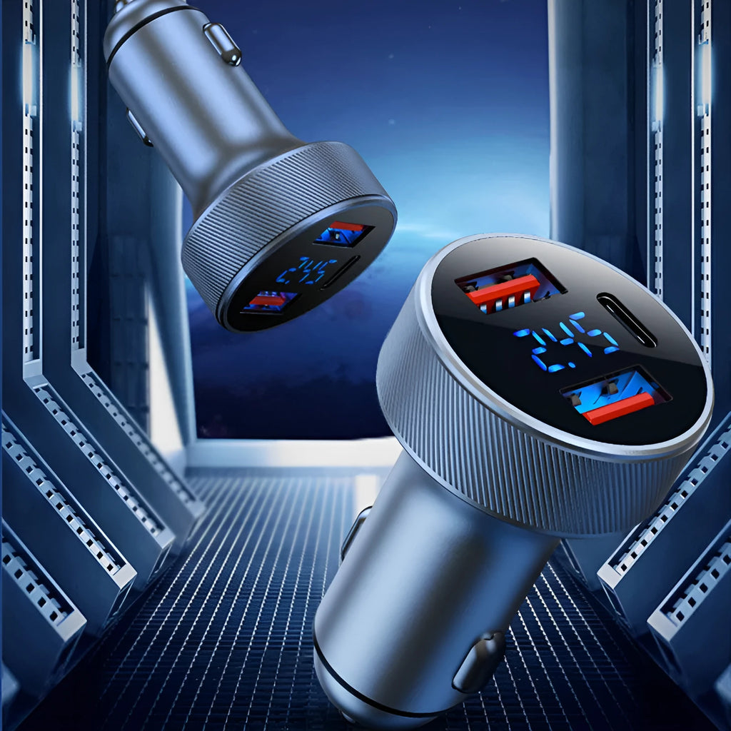 Black aluminium car charger with digital display showing three charging ports