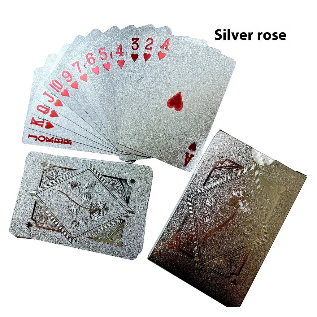 Four gold foil playing cards with rose and gold designs showing Tuhao gold, gold rose, silver rose, and black rose patterns