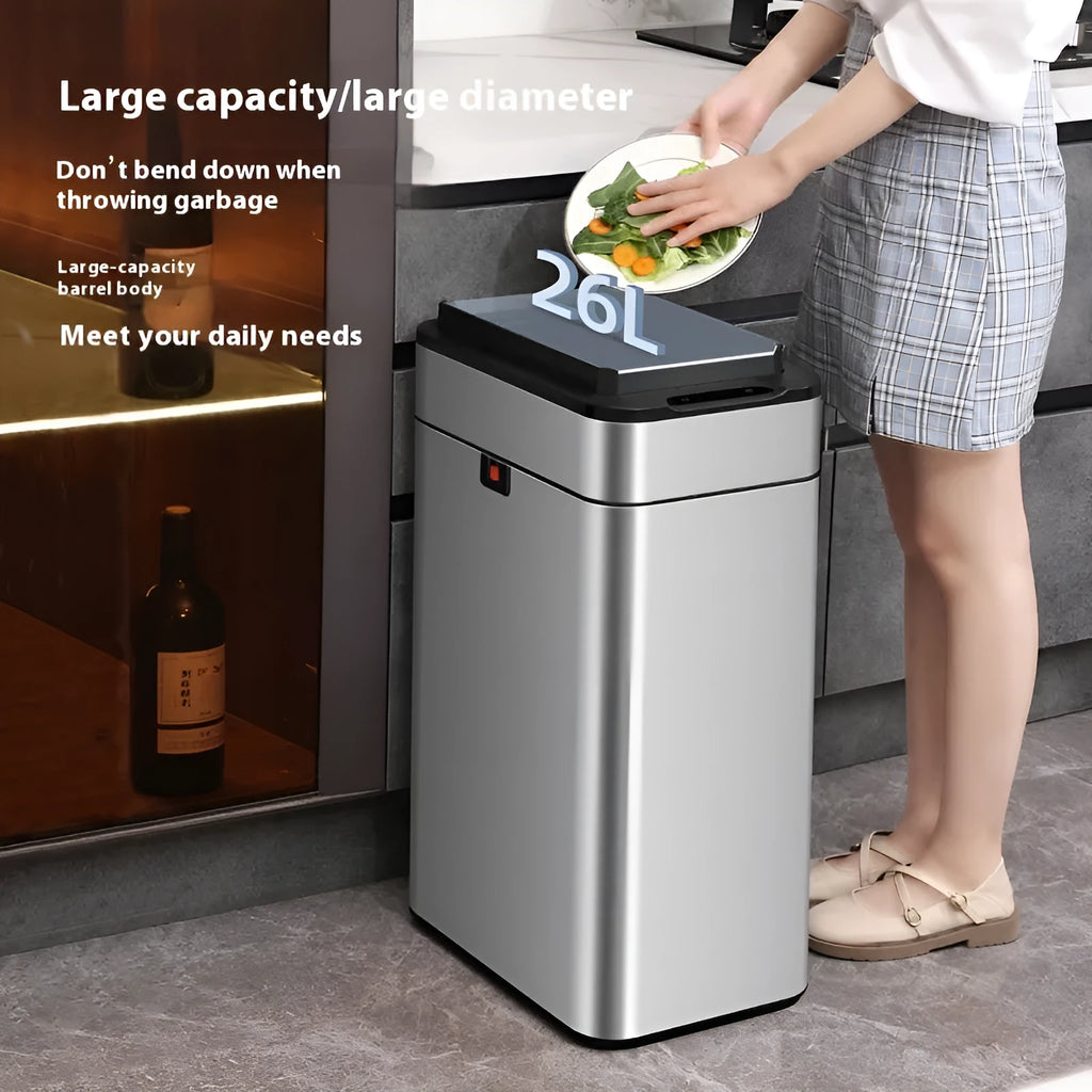 Stainless steel smart trash can with inductive opening and deodorant system in square bucket design