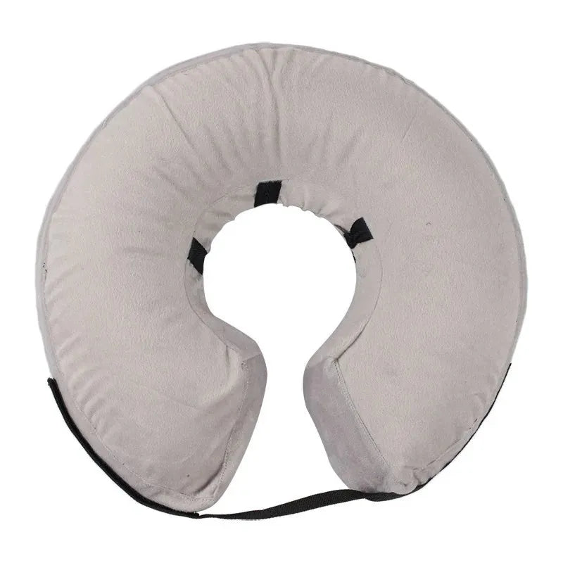 Blue inflatable recovery collar for dogs and cats with size chart showing measurements