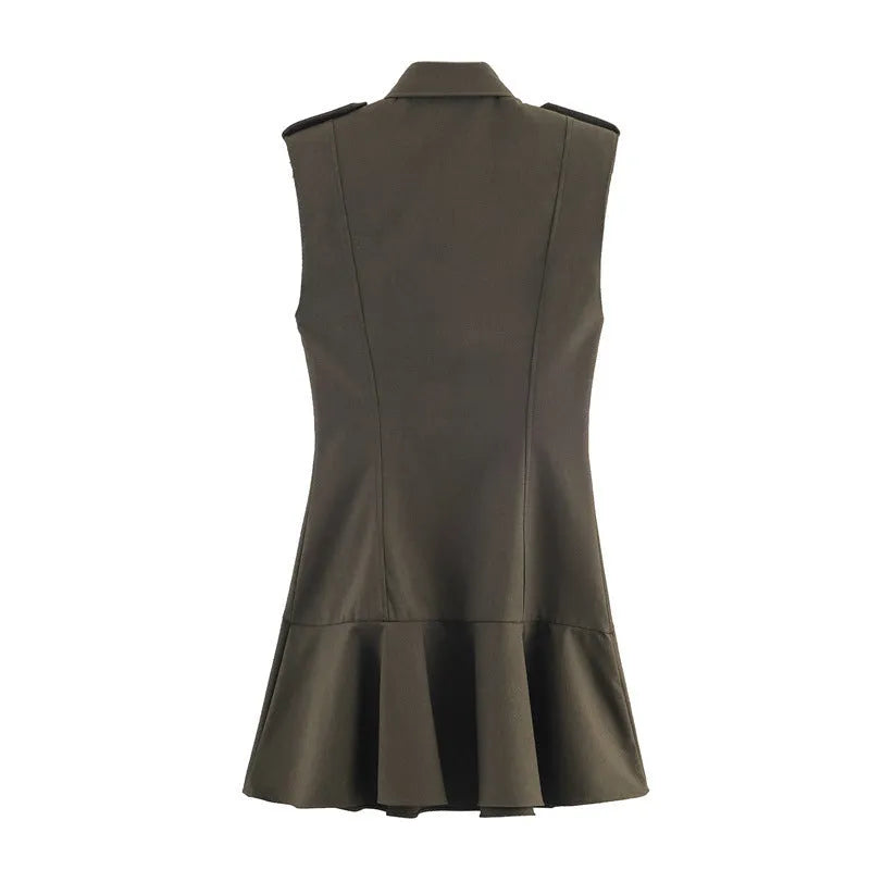 Women's short dress with padded shoulders, laminated decoration, asymmetric striped and plaid skirt, long sleeves, for commuting